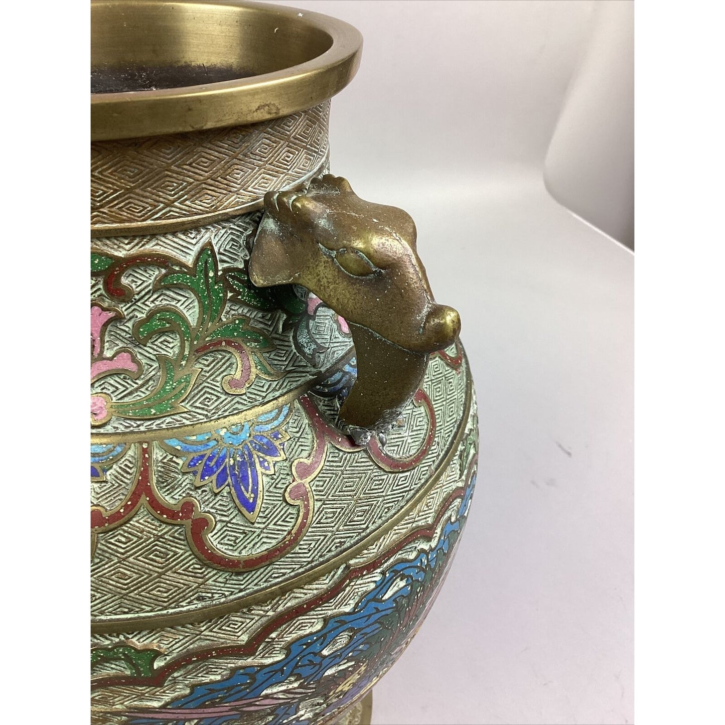 Large Vintage Japanese Champleve Bronze Cloisonne Doubled Handed Vase/ Urn - 14”