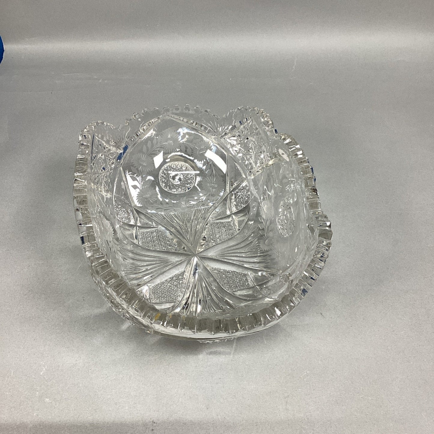 Vintage Heavy Cut Glass Bowl With Sawtooth Edges - Floral & Sunburst - 11x7”