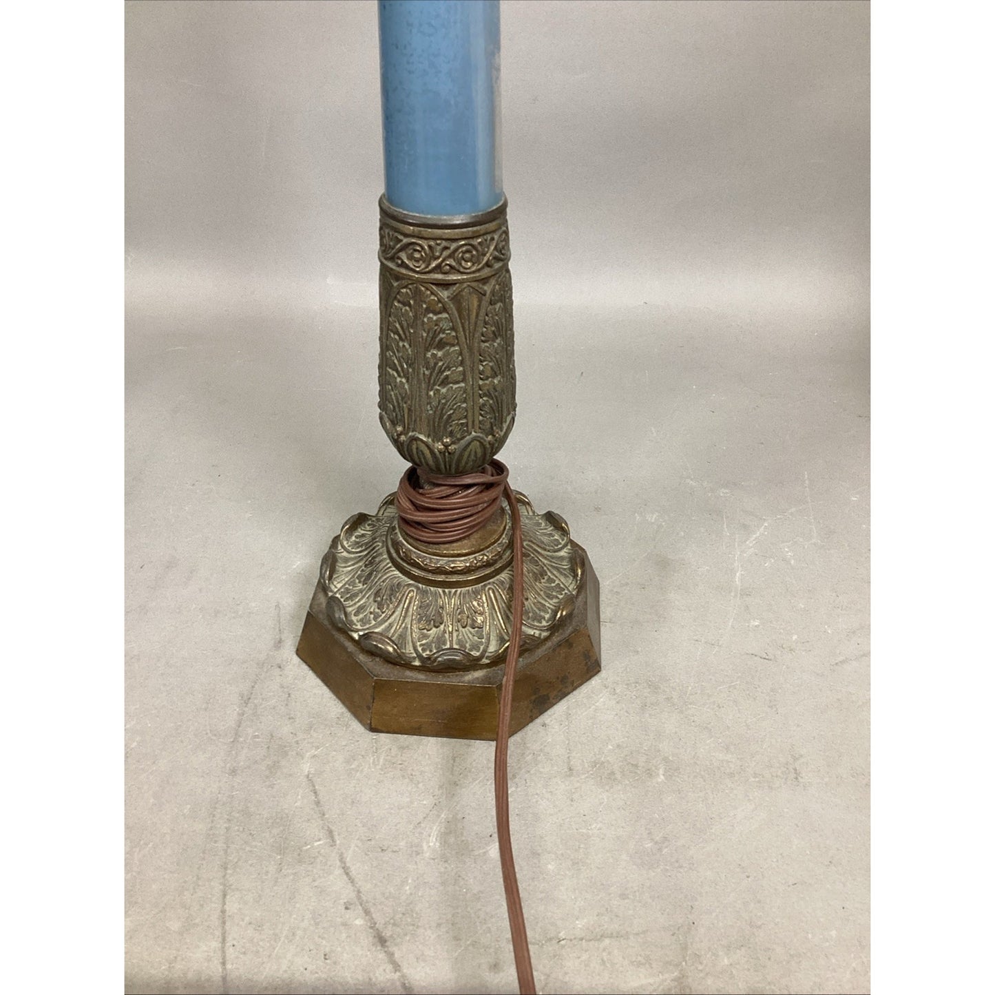 Vintage Mid Century Blue Glass & Bronze Table Lamp - 30”H