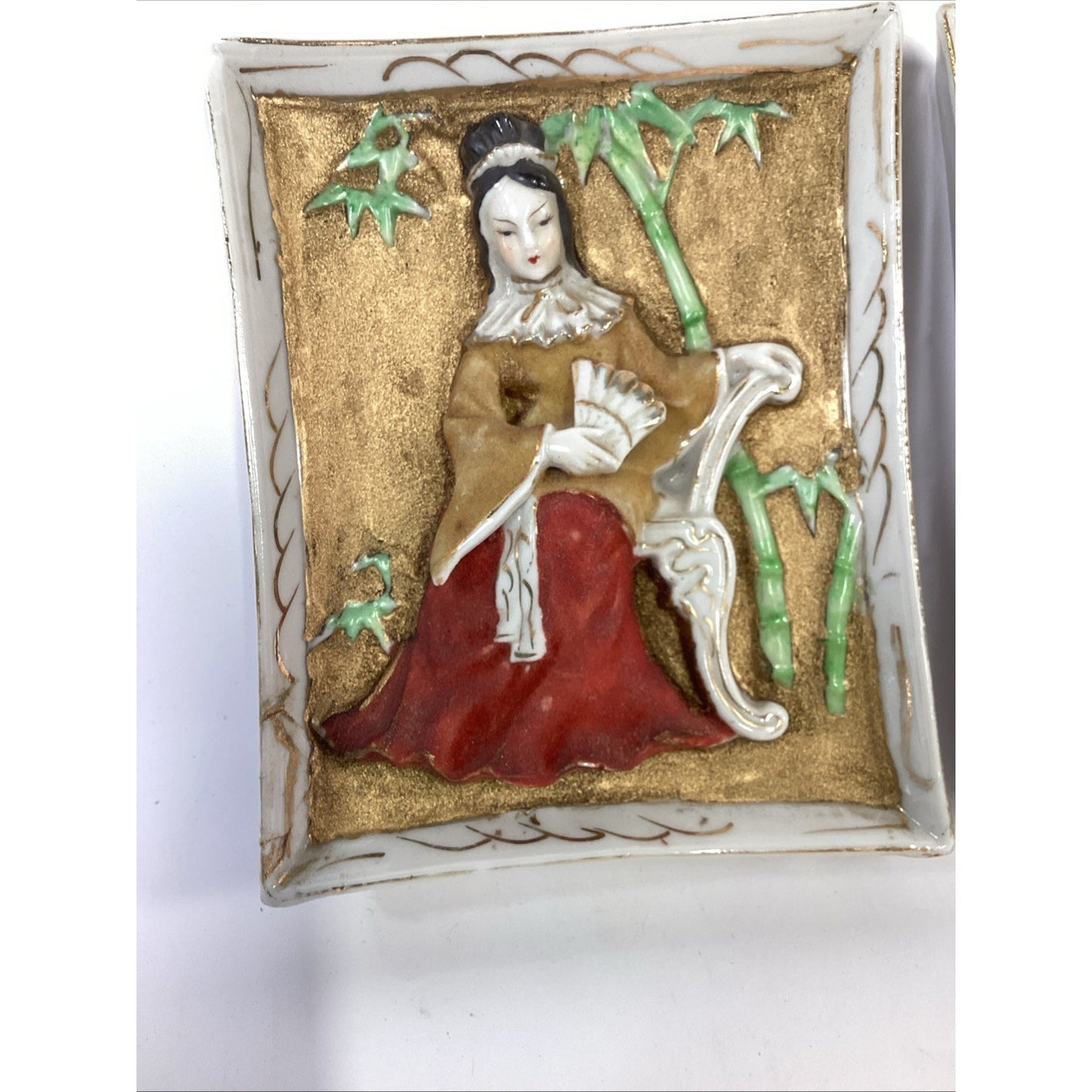 Vtg 2 Japanese Moriage Porcelain Wall Plaques Geisha Bamboo 3D Relief Pat Pend