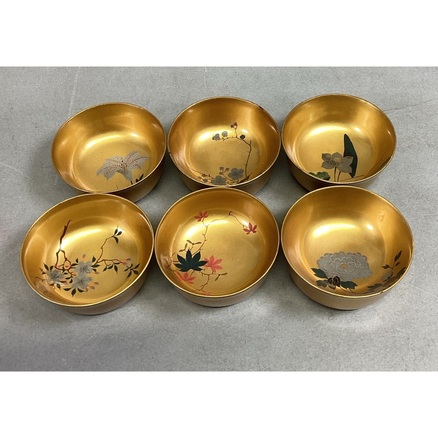 Set Of 6 Japanese Gold Floral Hand Painted Sake Cups