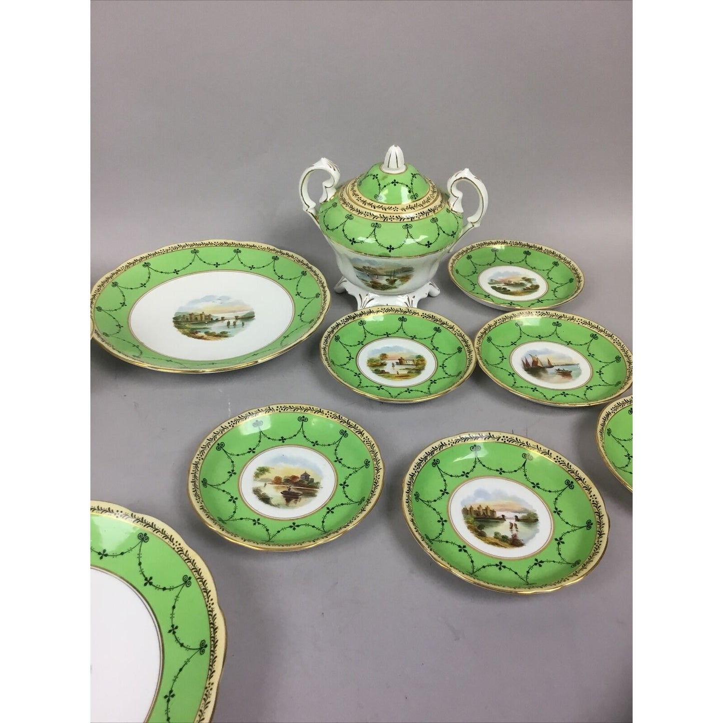 Grosvenor Ye Old Cups, Plates, Saucers green. Jackson and Gosling Co. Set of 15.