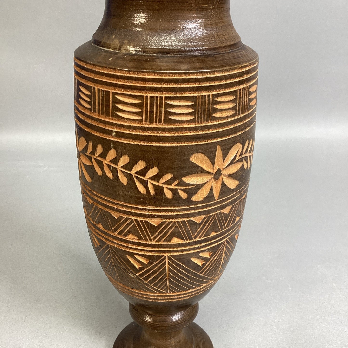 Vintage Hand-Turned Carved Wooden Vase - 10”