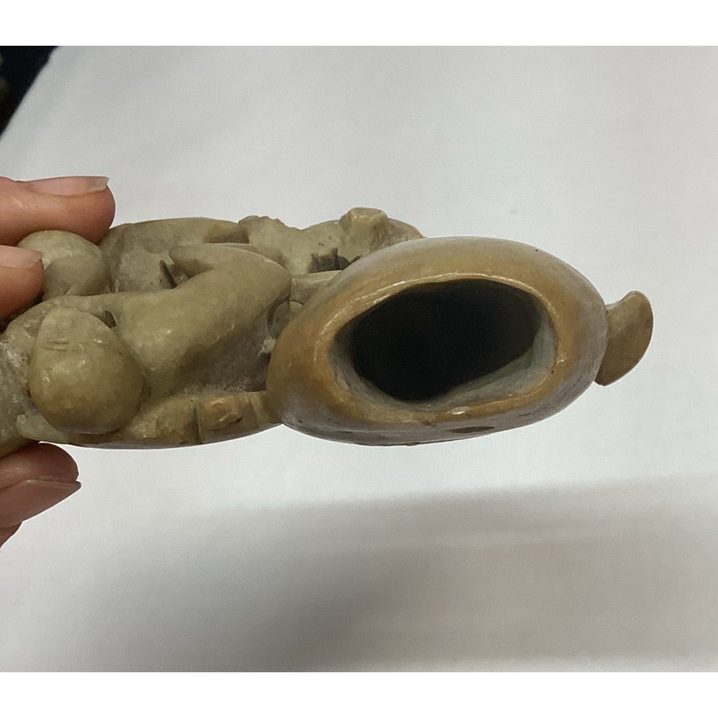 Vintage Hand Carved Chinese Soapstone Monkey Vase Or Toothpick Holder Figurine