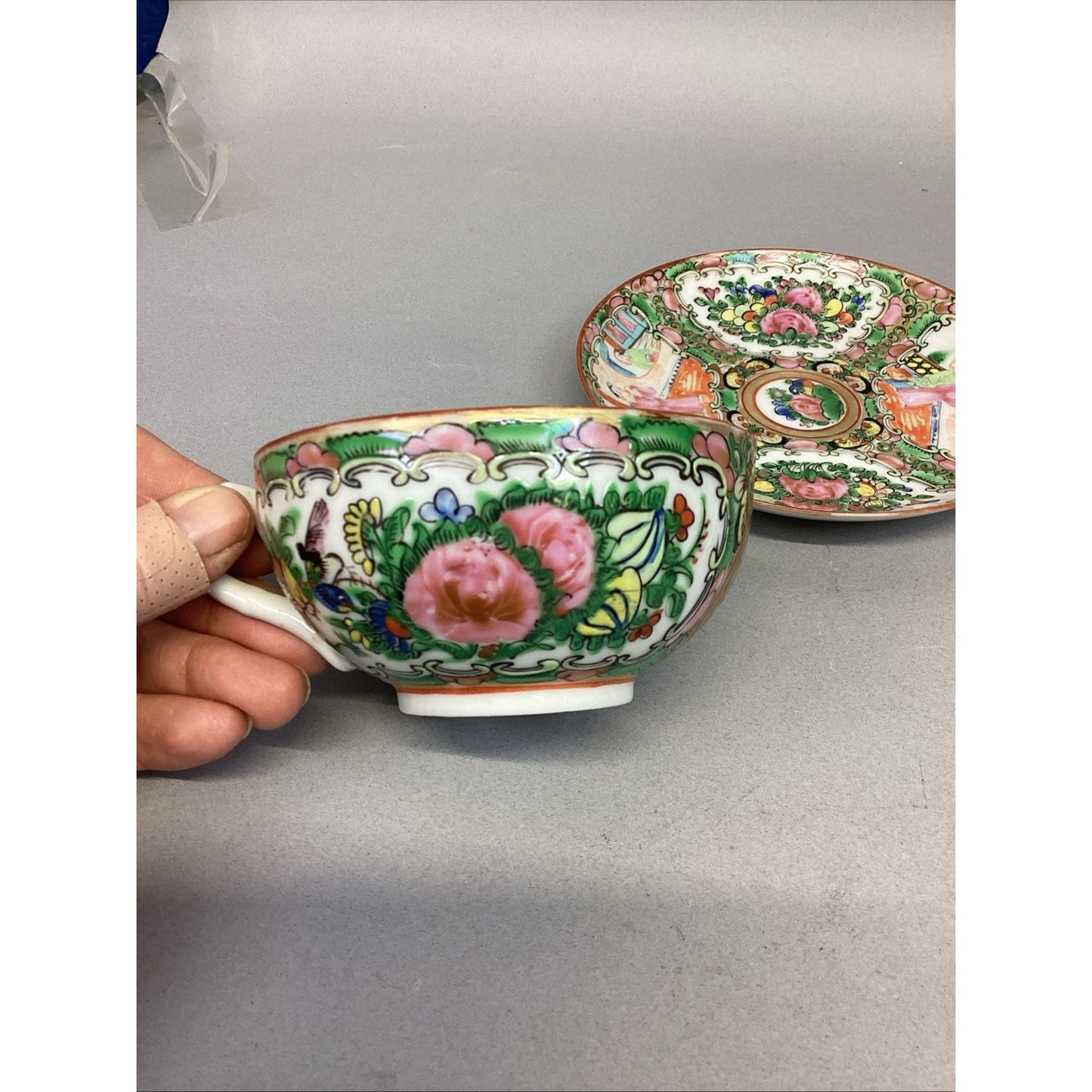 Antique 1920's Chinese Familie Rose Medallion Teacup And Saucer