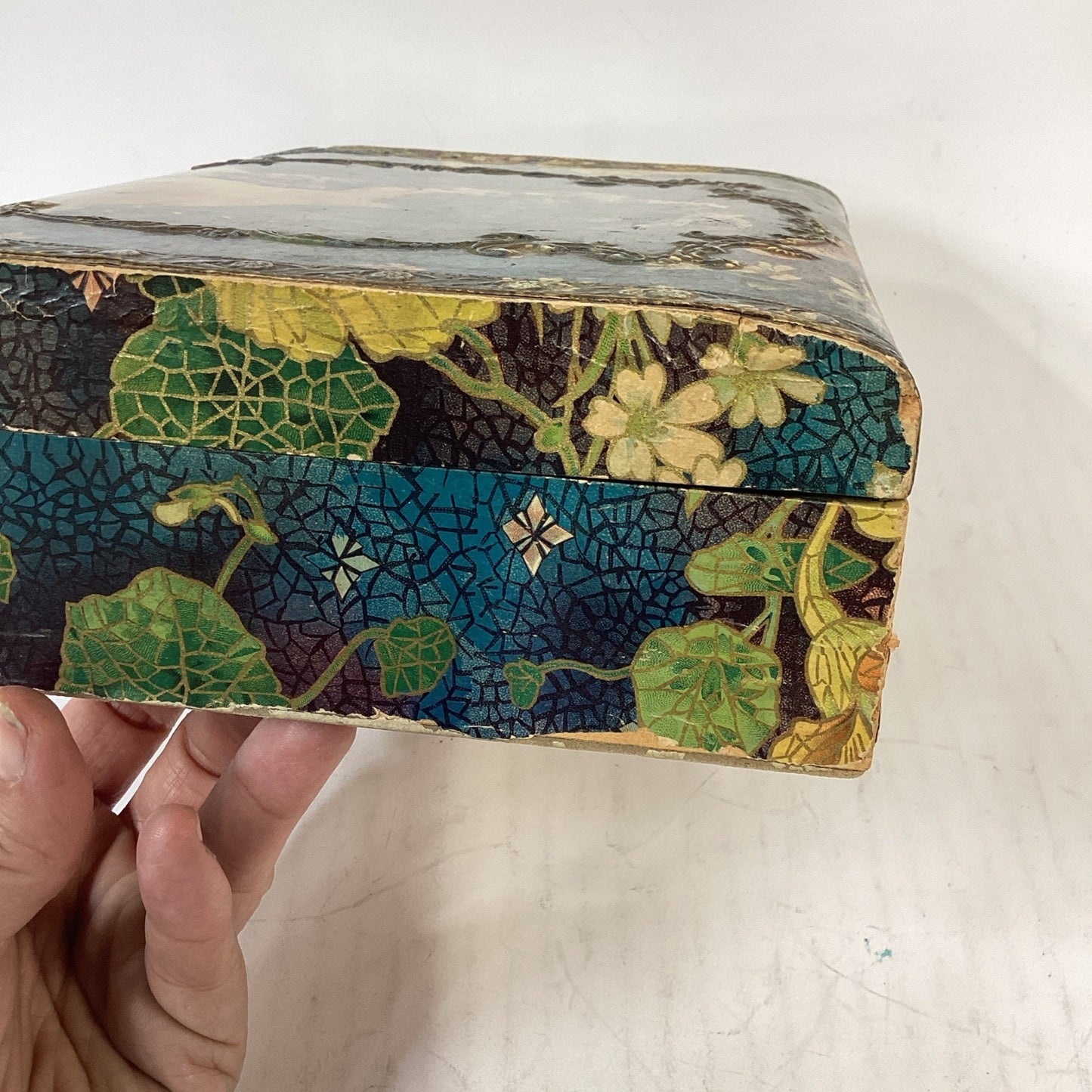 Antique 1900’s Edwardian Lithograph Wooden Jewelry Box W/ Lined Satin - Read