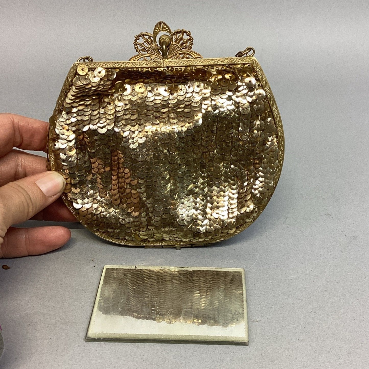 Antique Women’s Gold Sequin Mesh Change Purse With Shoulder Strap & Mirror