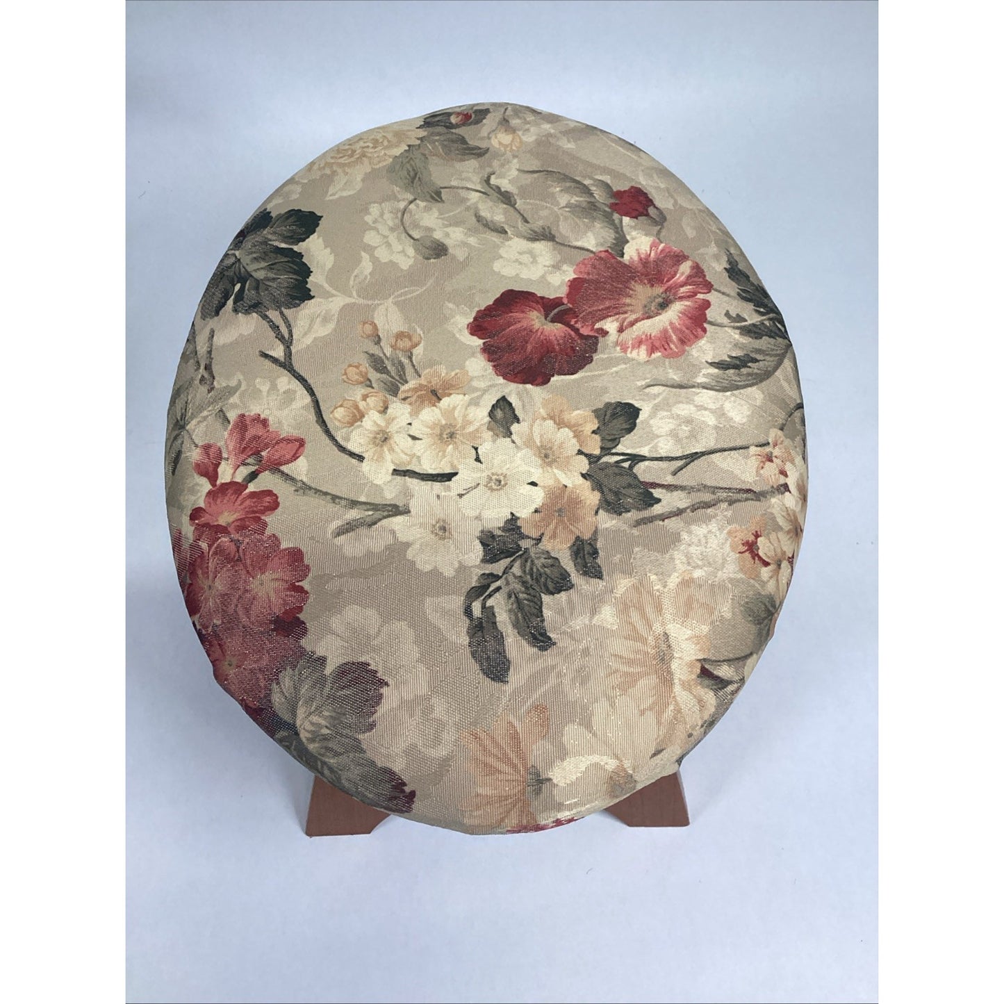 Vintage Floral Footstool Ottoman With Wooden Legs - 14x10.5x9”
