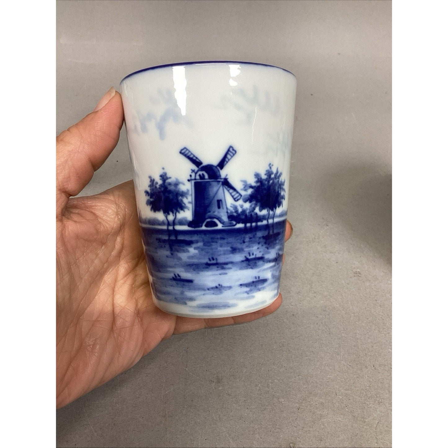 Antique Flow Blue Delft Style White Milk Jug Sailboat, Windmill Cup & Lidded Jar