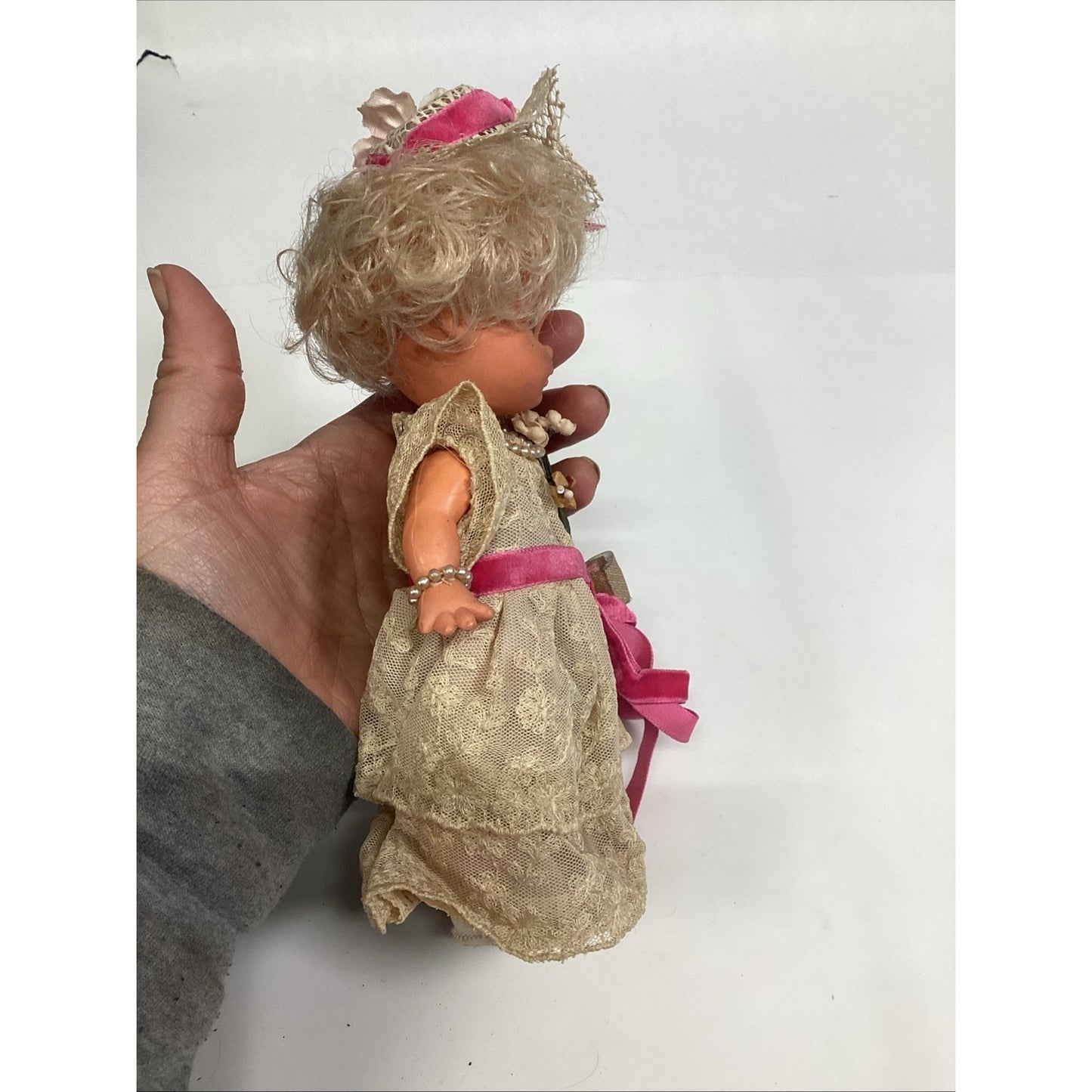 Vintage 1970’s Victorian Southern Belle W/ Lace Gown & Bonnet Made In Hong Kong