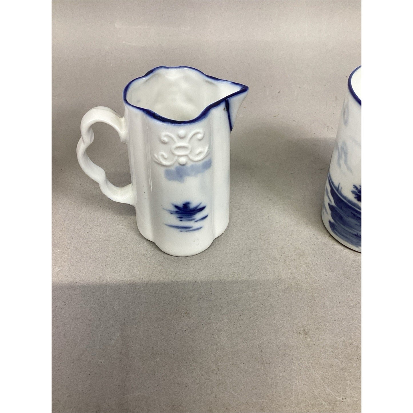 Antique Flow Blue Delft Style White Milk Jug Sailboat, Windmill Cup & Lidded Jar
