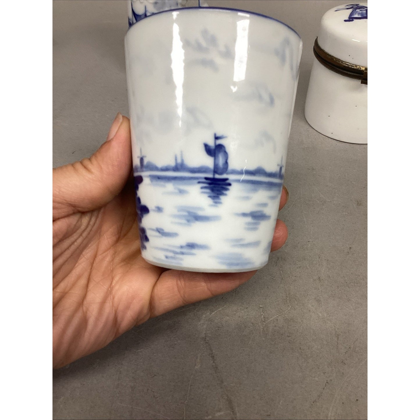Antique Flow Blue Delft Style White Milk Jug Sailboat, Windmill Cup & Lidded Jar
