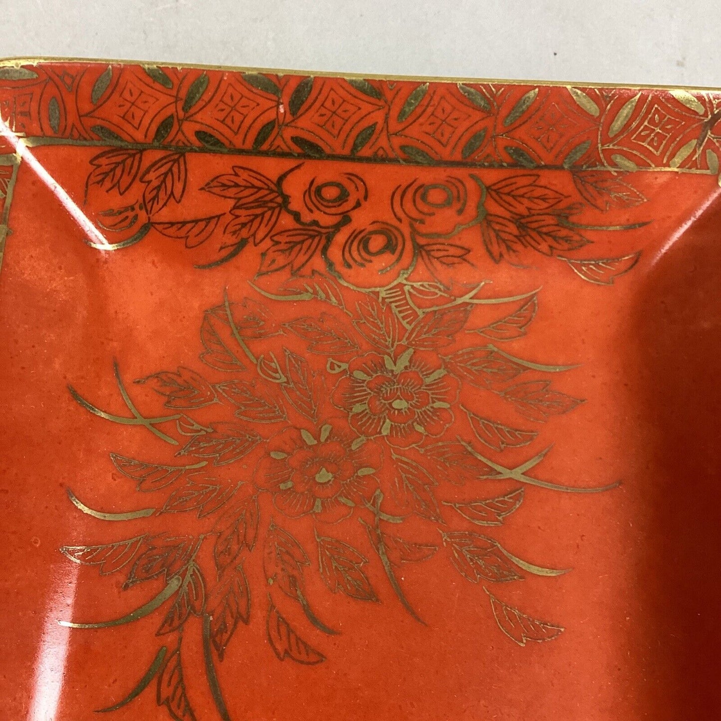 Vintage Red/Orange Japanese Floral Trinket Tray With Gold Trim - 5 1/2"D