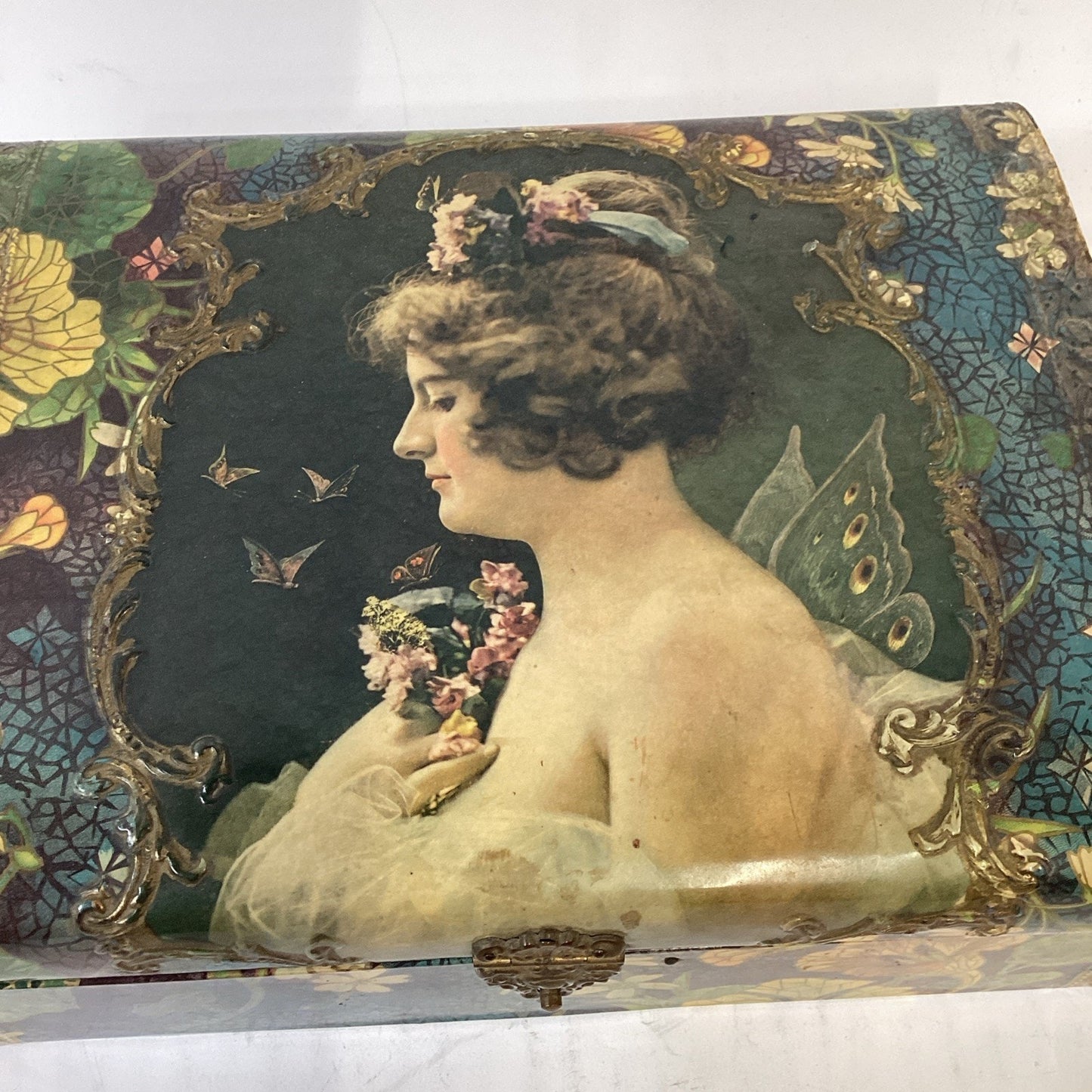 Antique 1900’s Edwardian Lithograph Wooden Jewelry Box W/ Lined Satin - Read