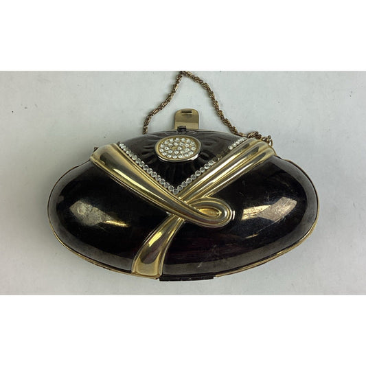 Vintage Black Evening Bag With Gold Trim, Rhinestones And Gold Chain