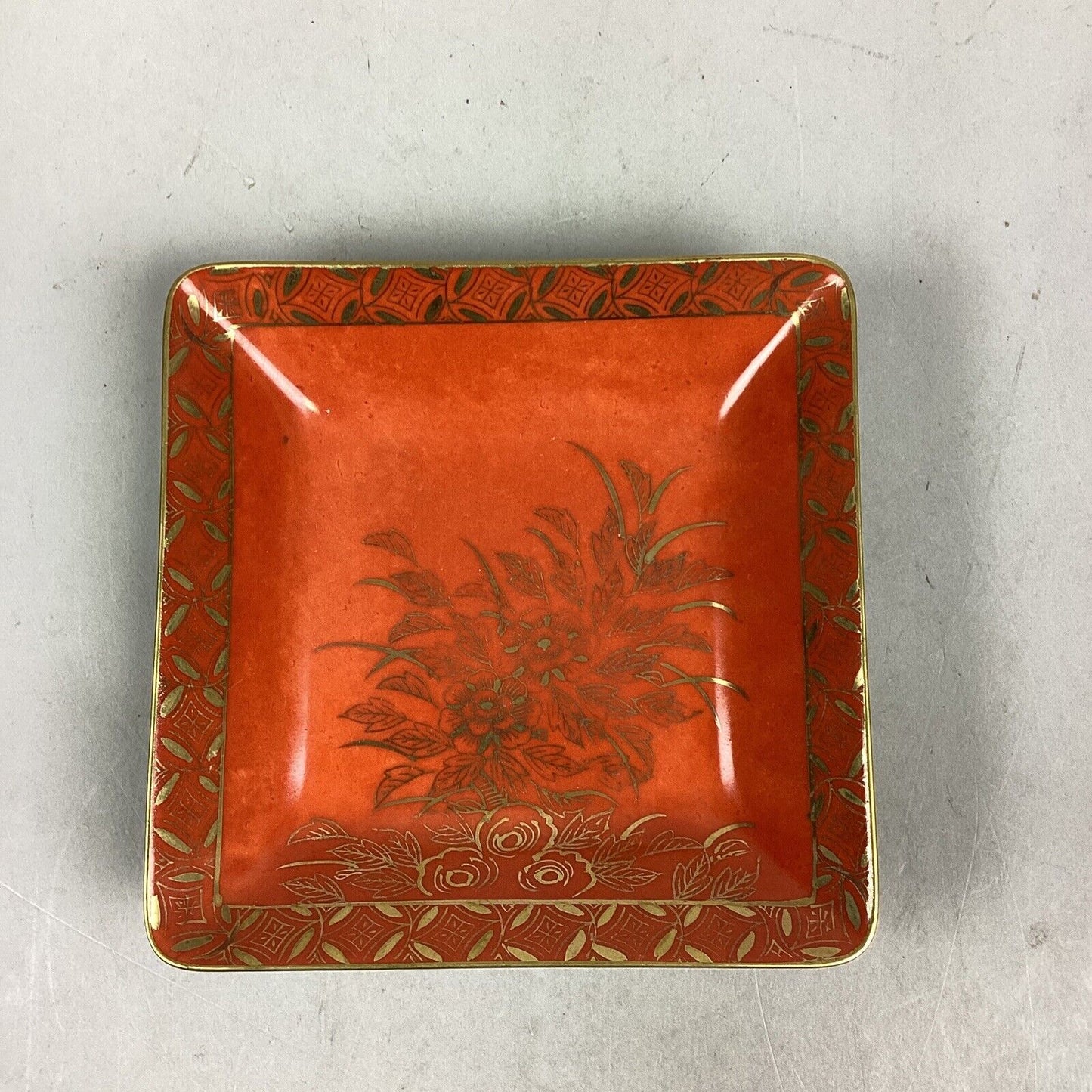 Vintage Red/Orange Japanese Floral Trinket Tray With Gold Trim - 5 1/2"D