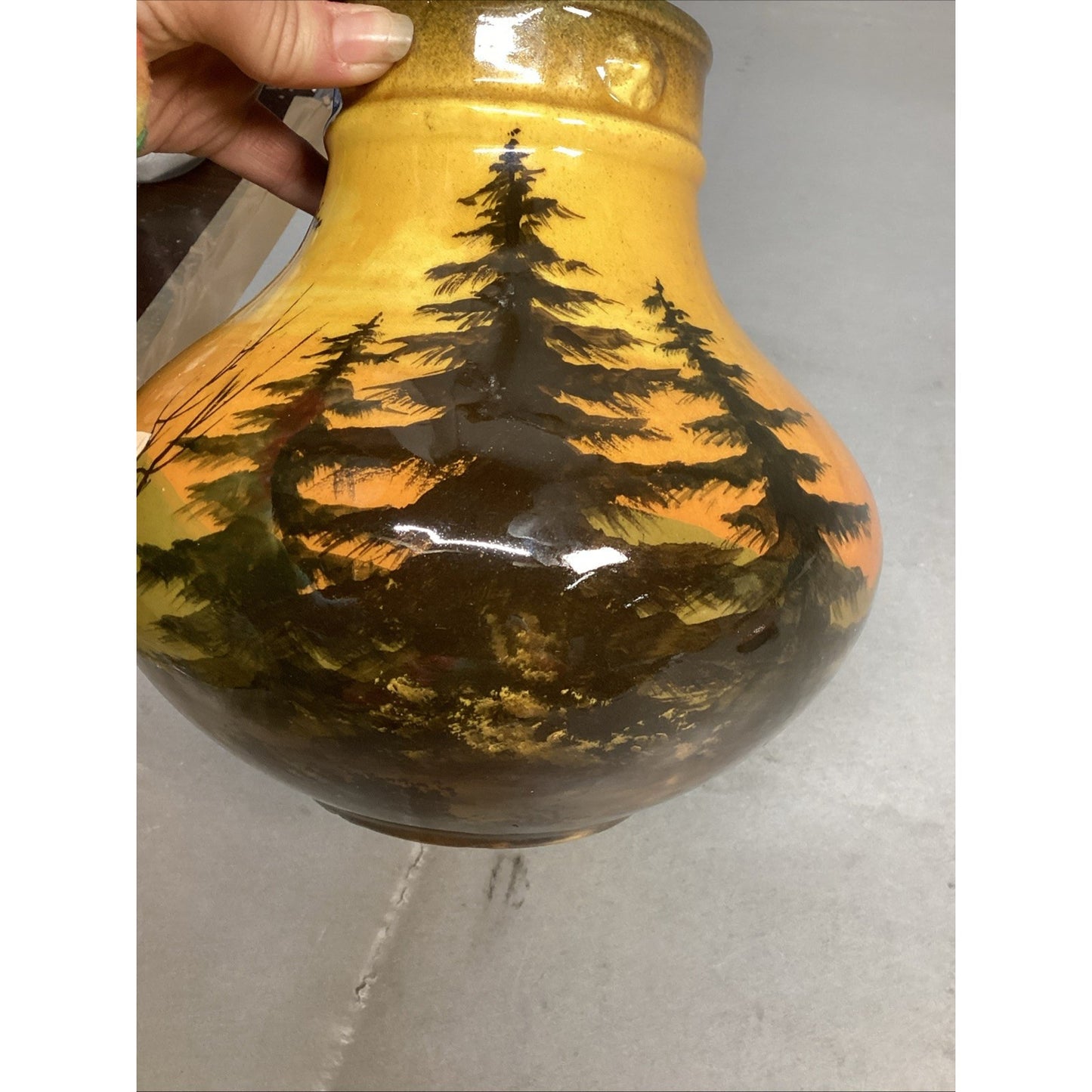 Vintage Majolica Vase Schramberg Landscape - Trees & House