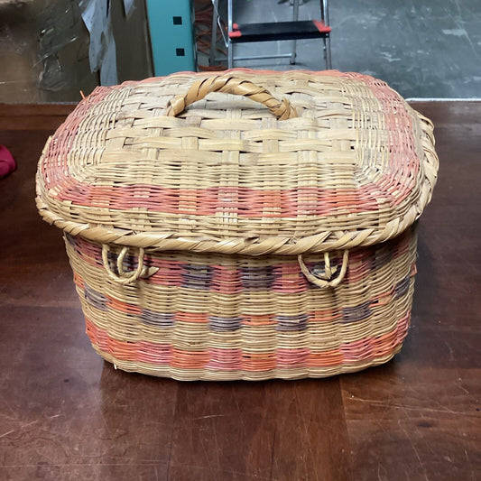 Vintage Multicolored Picnic Or Sewing Basket - 11x12x10”