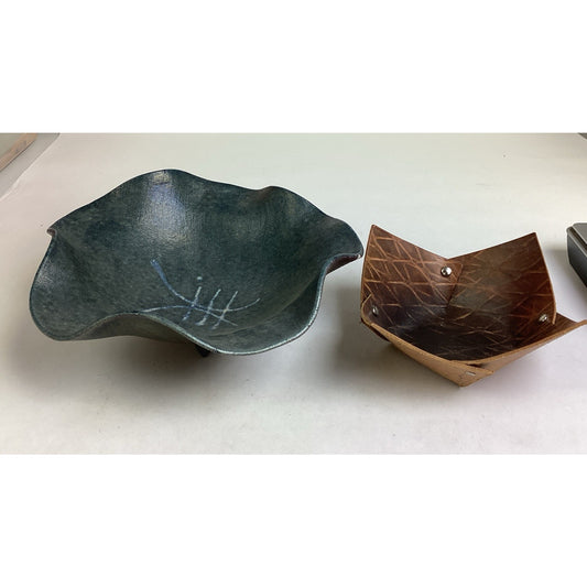 Set Of 2 Handmade Bowls - Blue Footed Ceramics W/ Scalloped Edges & Leather Bowl