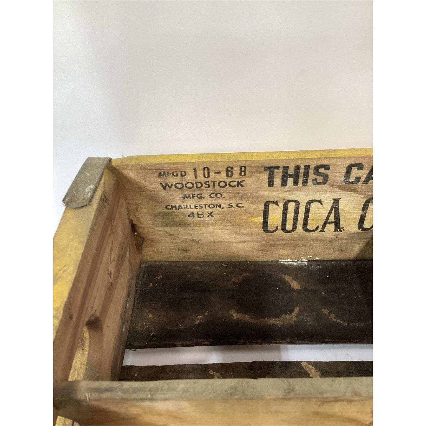 Vintage 1968 Wooden Coca Cola Yellow Wood Crate W/ 6 Bottles In Holder - SC