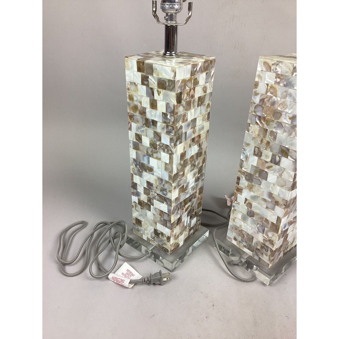 Set Of 2 Mother Of Pearl Mosaic Shell Prism Table Lamps With Crystal Base 21.5”H