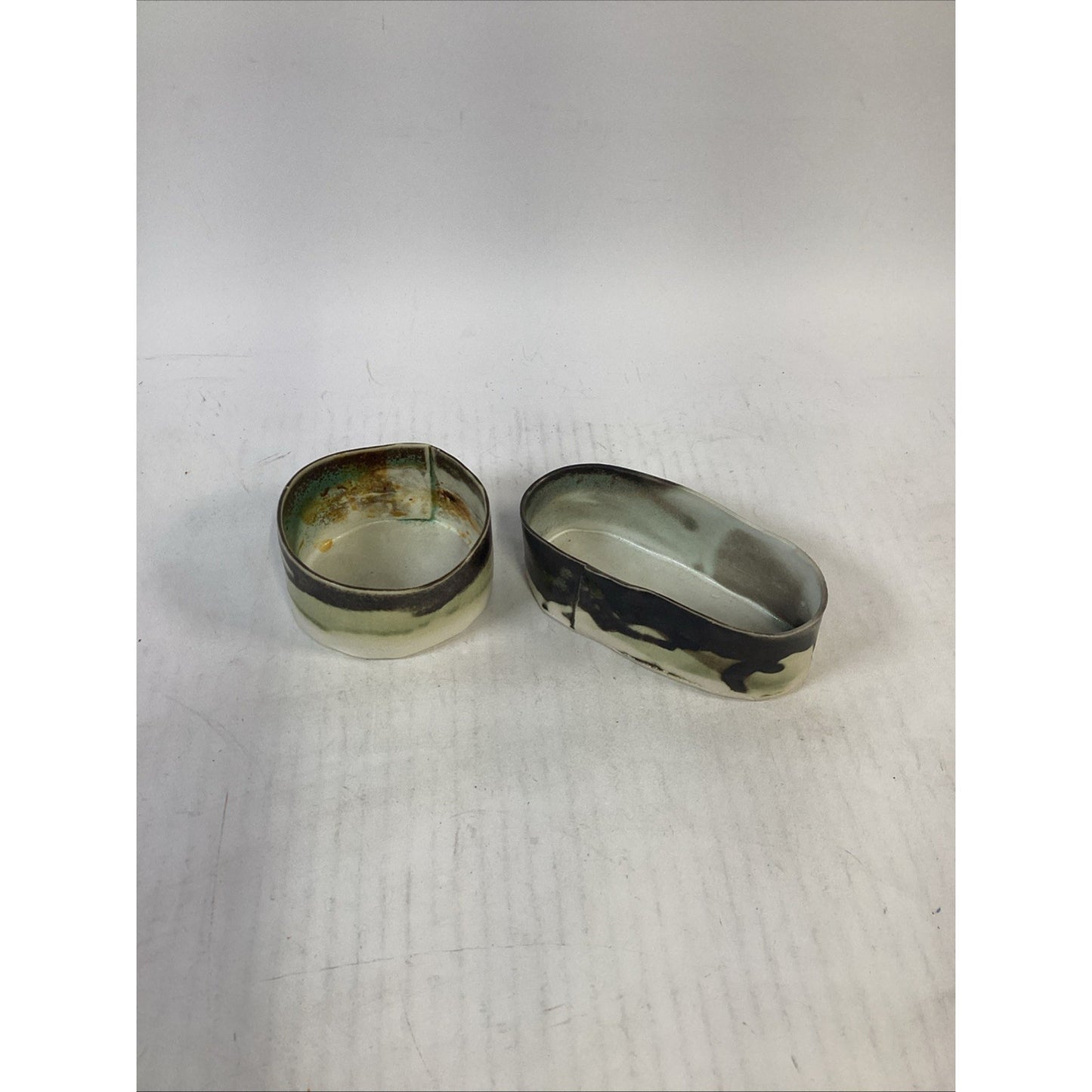 Lot of 2 Handmade Hand Painted Art Pottery Clay Condiment Bowls
