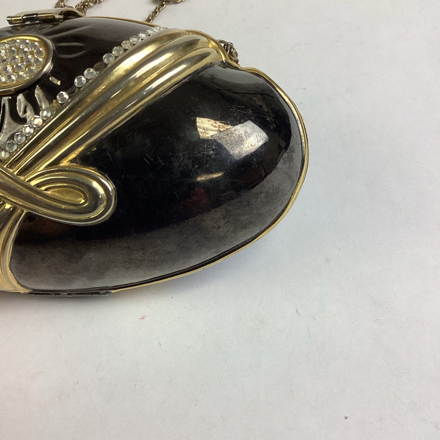 Vintage Black Evening Bag With Gold Trim, Rhinestones And Gold Chain