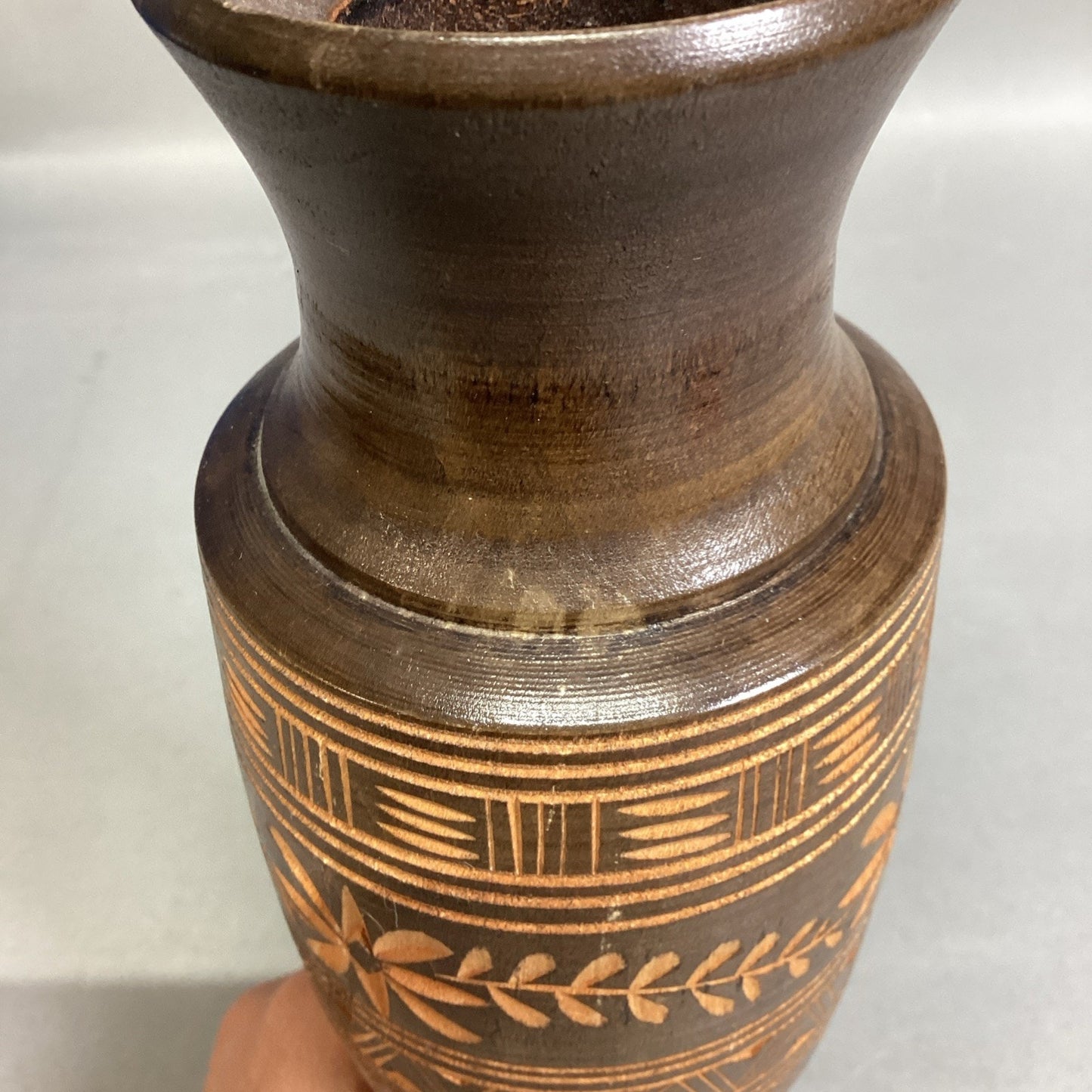 Vintage Hand-Turned Carved Wooden Vase - 10”