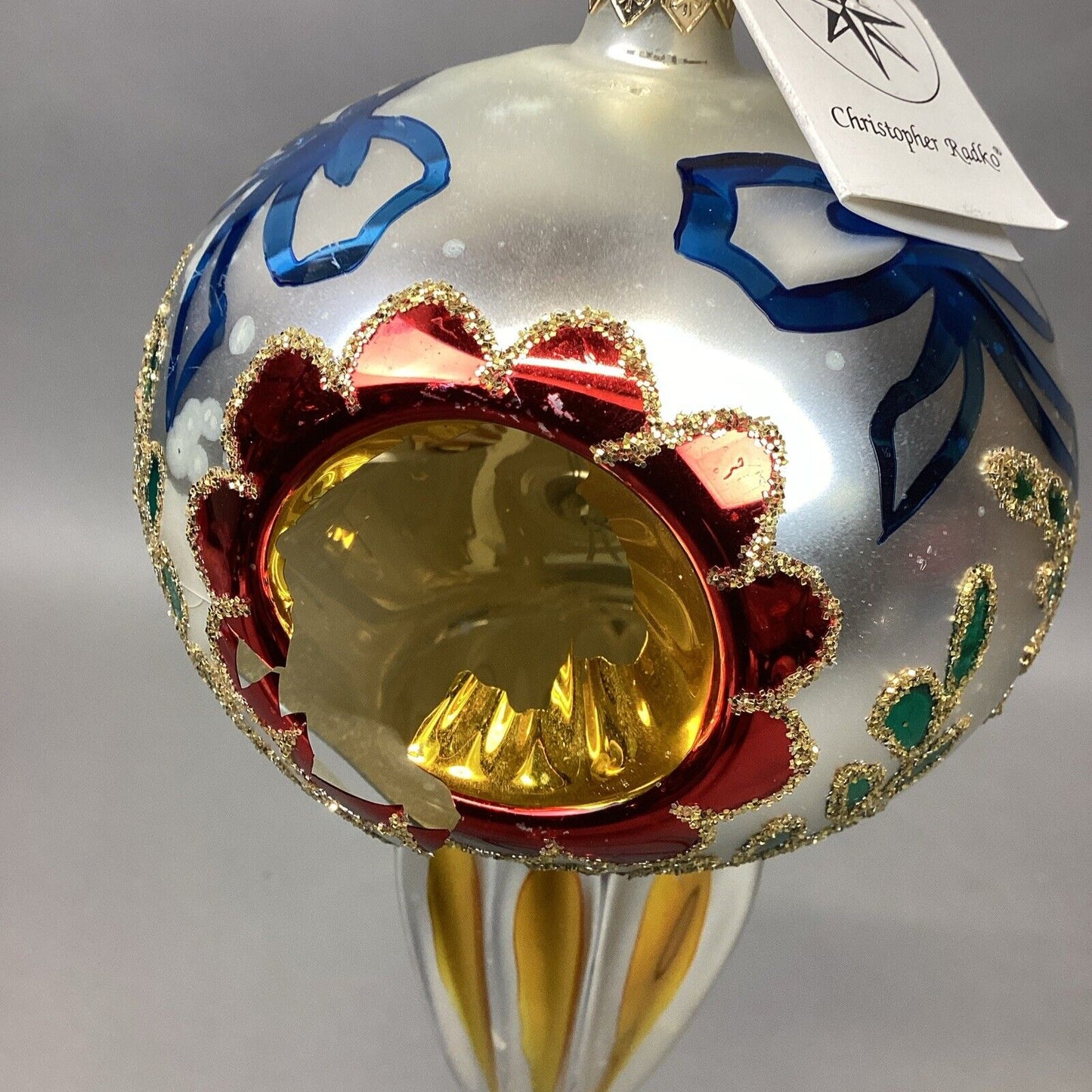 Christopher Radko Triple Reflector Glass Christmas Ornament - 8” - Damaged