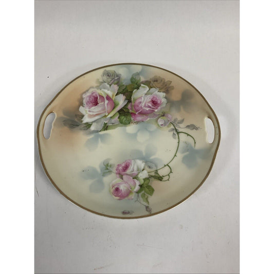 Vintage Antique Pink Cabbages Roses Platter Handles Gold Gilt 9.5"D