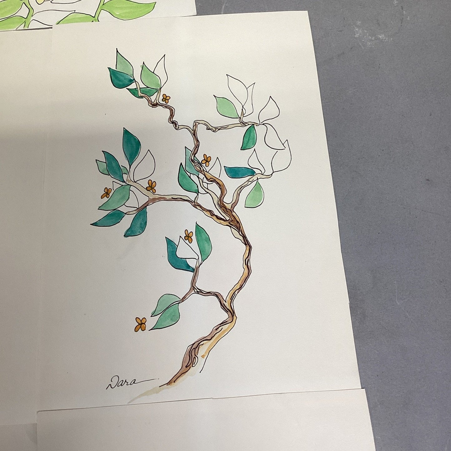 Set Of 5 Floral Art Drawings - Signed By Dara - 10x7”