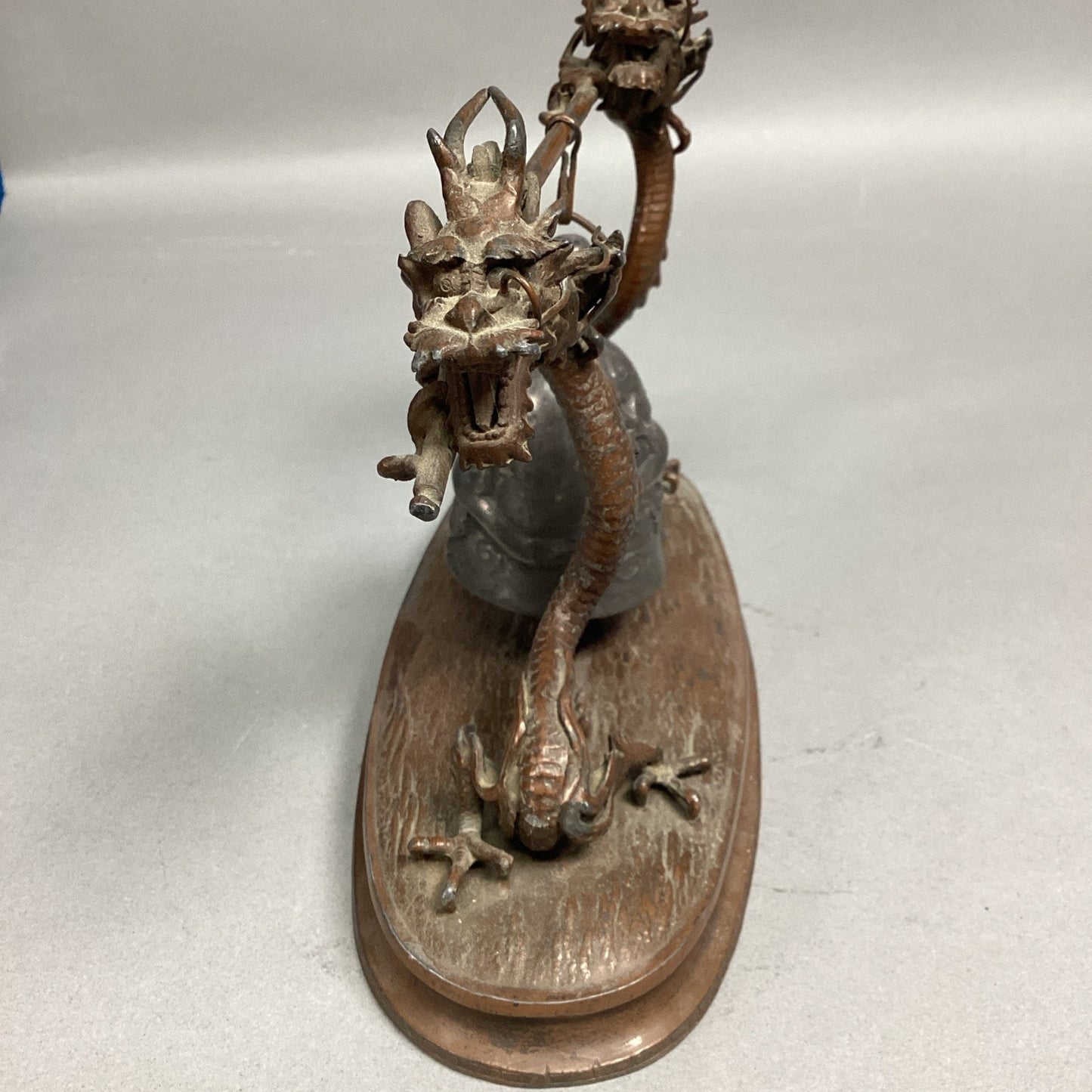 Vintage Chinese Bronze Dragons W/ Suspended Bell Statue Figurine - 8.5x3.5x7”