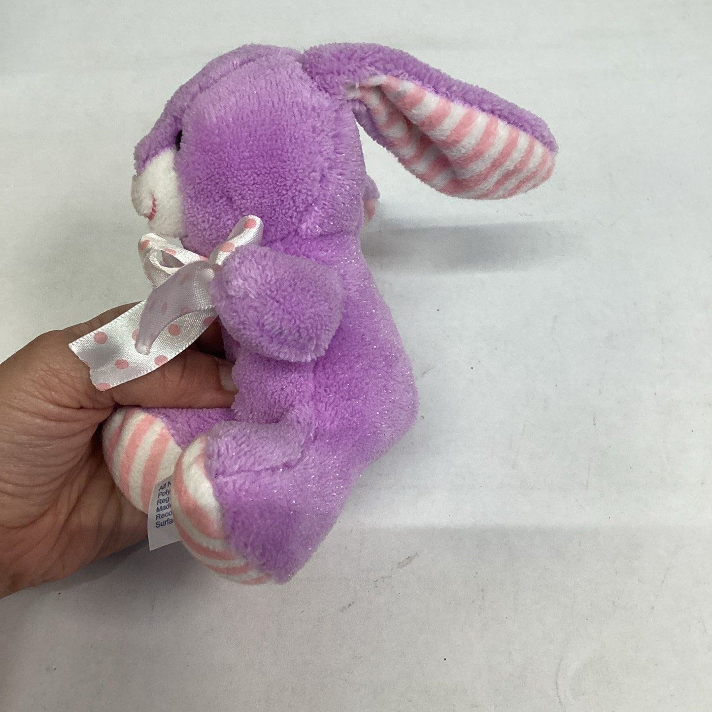Hug Fun Purple Bunny Rabbit Plush Toy White Pink Stripe Bow -Makes ‘Boing’ Sound