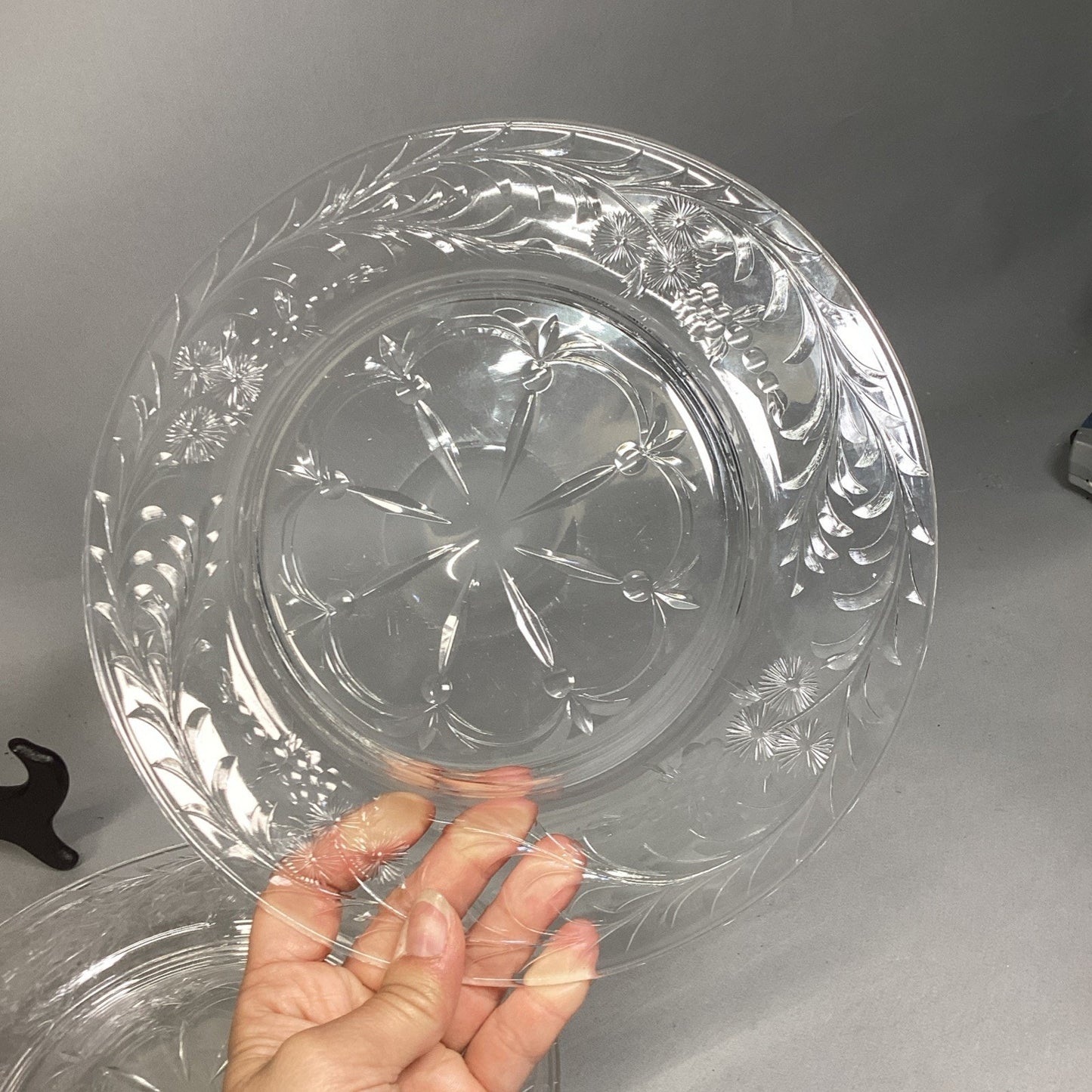 Set Of 11 Etched Cut Glass Luncheon Dessert Plates 9”D