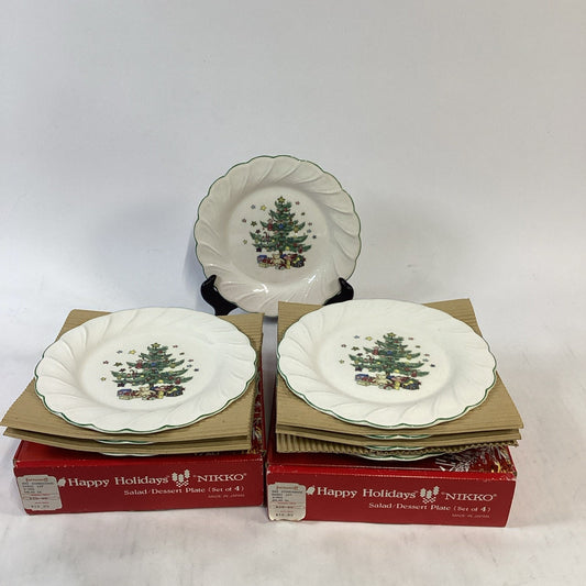 Set Of 8 Nikko Happy Holidays Salad/Dessert Plates Christmas 7 7/8" Green Trim