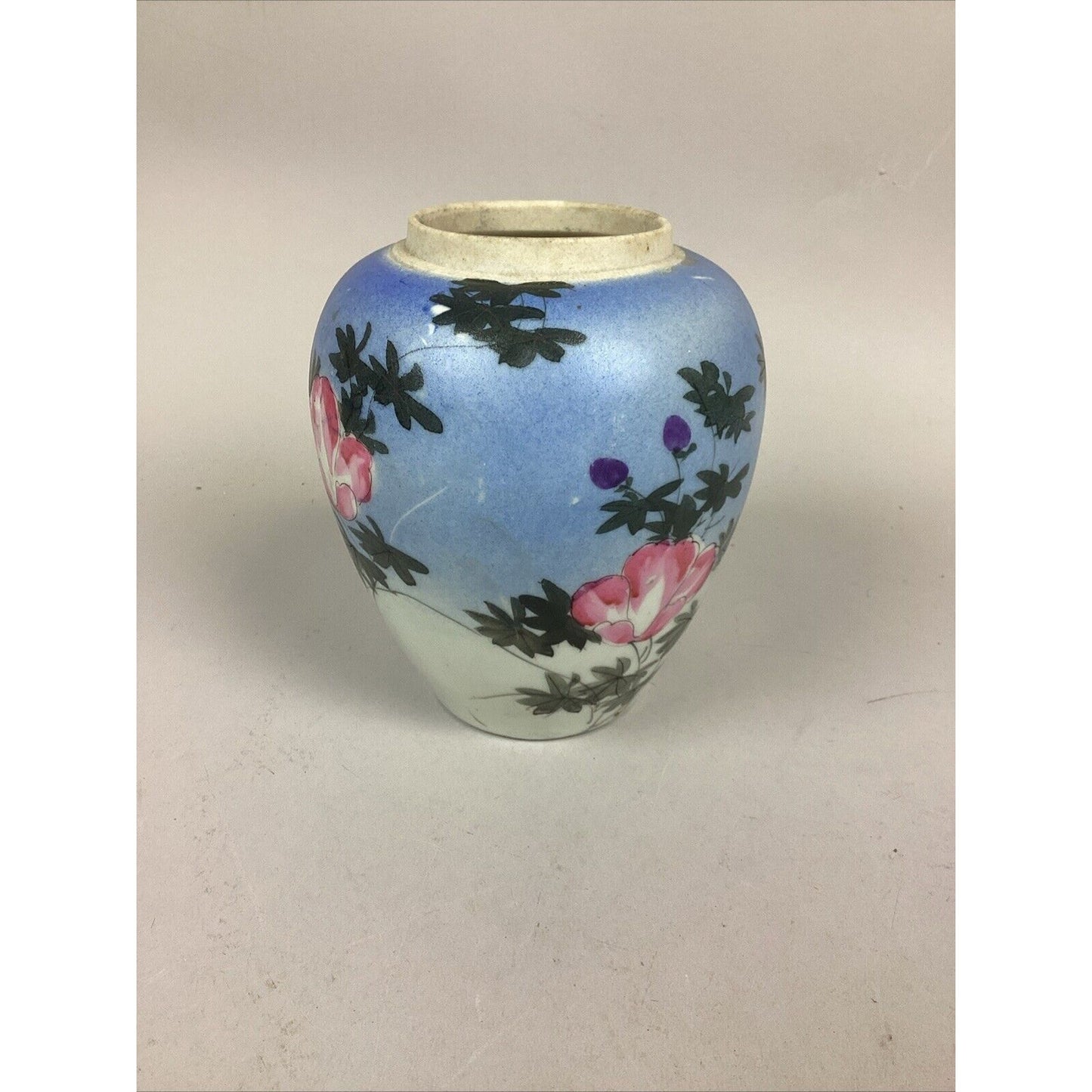 Antique Japanese Floral Vase With Pink/Purple Flowers & Flying Birds - 6 3/4”H