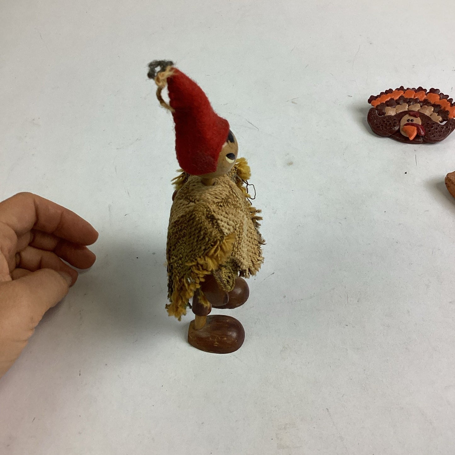 Wooden Handmade Doll, Handmade Turkey Pin & Hand Painted Eyeball Pottery