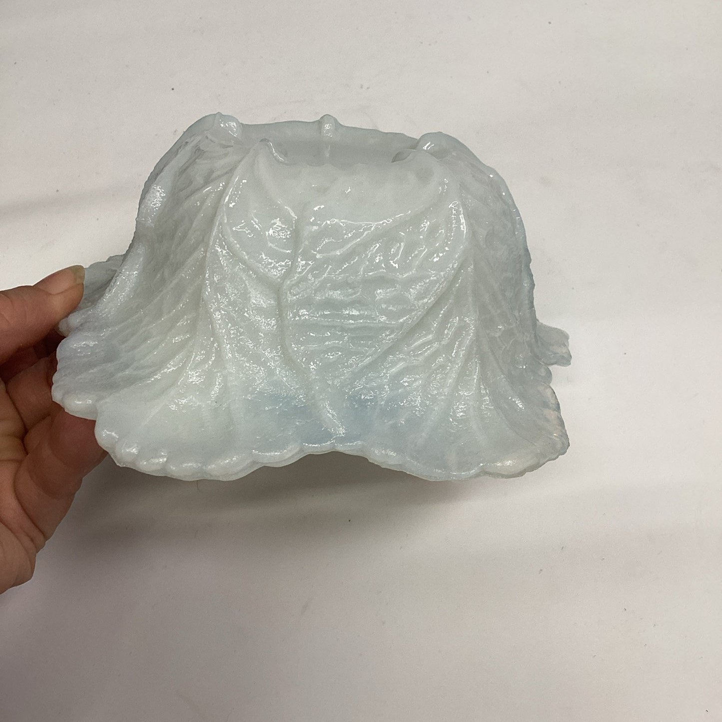 Antique Portieux Vallerysthal White Milk Glass Cabbage Leaf Candy Dish