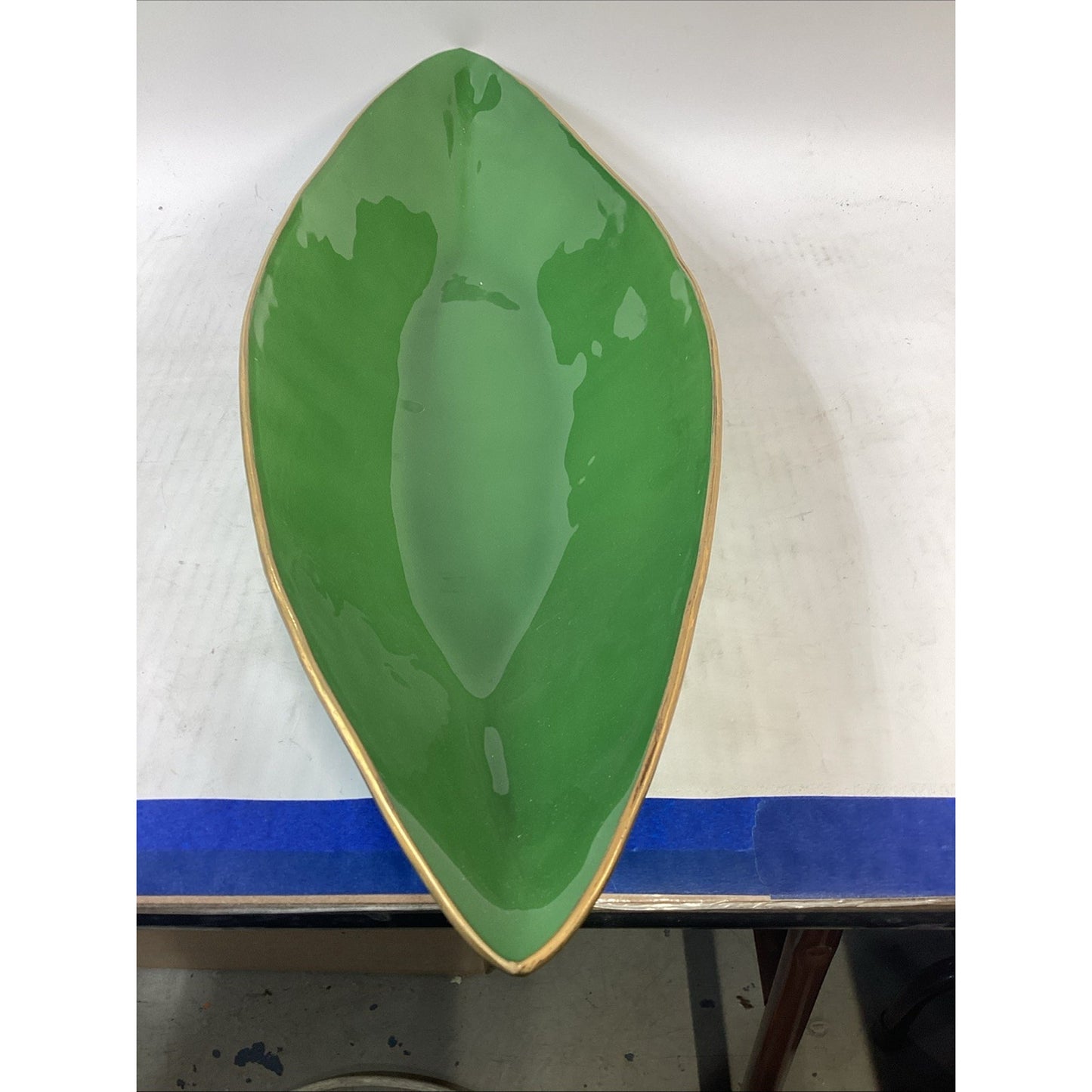 VTG MCM Green Glass Gondola Bowl Large Canoe Centerpiece W/ Gold Trim - 26.5”L