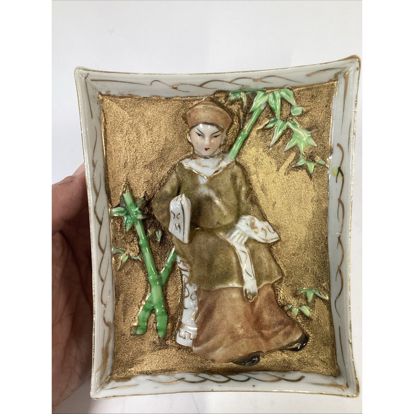 Vtg 2 Japanese Moriage Porcelain Wall Plaques Geisha Bamboo 3D Relief Pat Pend