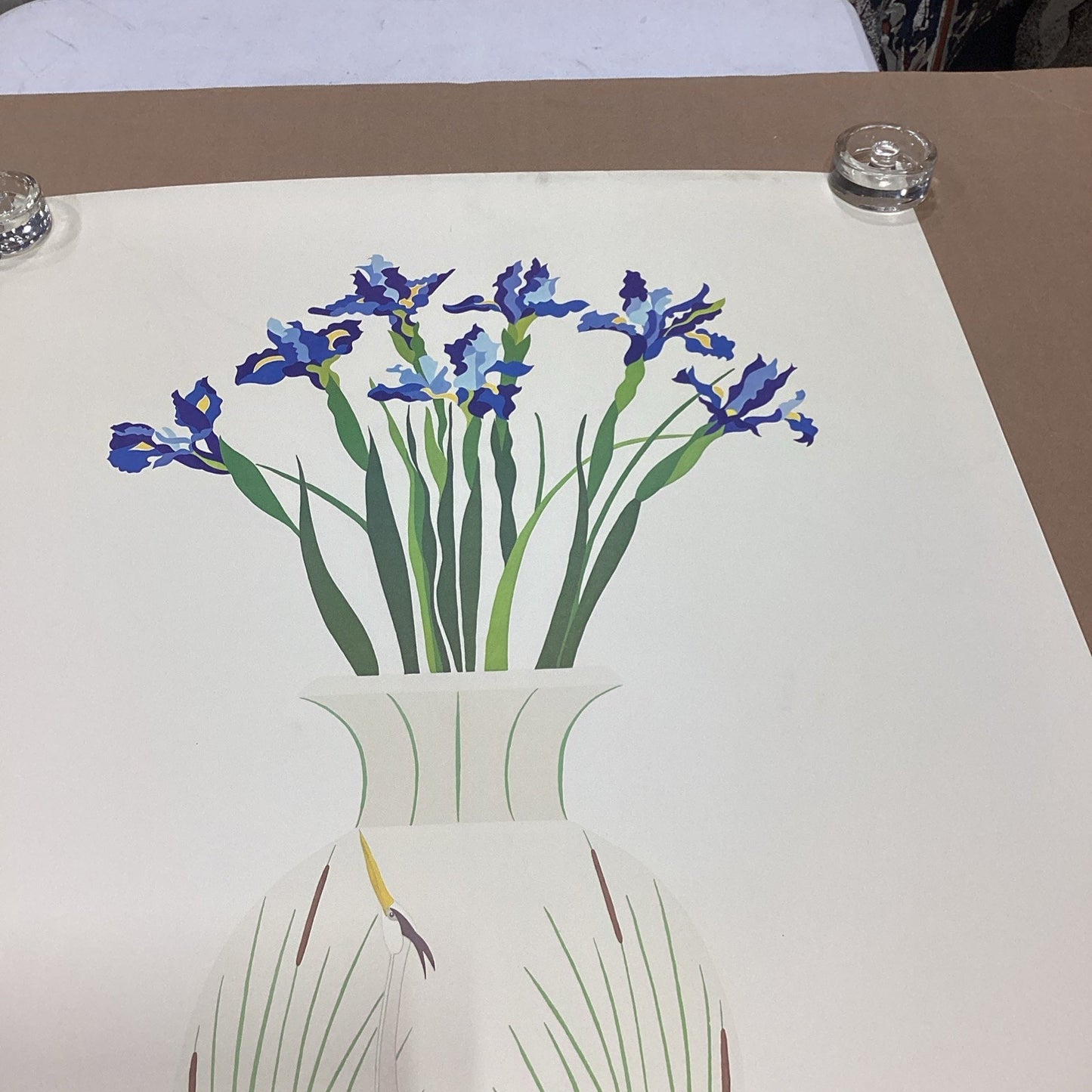 Galerie El Baz Lander - Blue Floral Vase W/ Egret Poster - 39.5x27.25” - 1981
