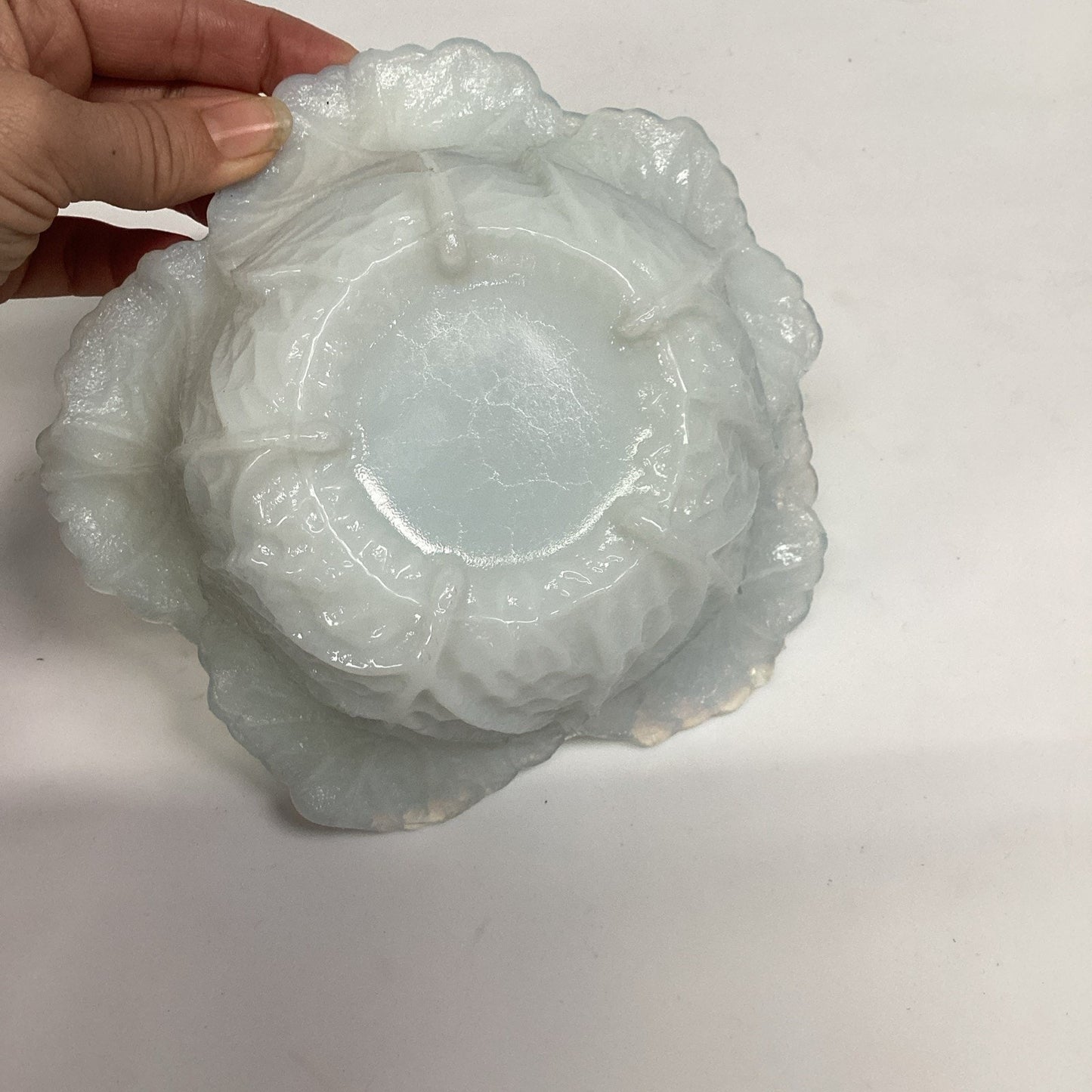 Antique Portieux Vallerysthal White Milk Glass Cabbage Leaf Candy Dish