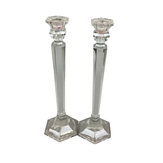 Set Of 2 Elegant Clear Glass Candlestick Holders With Hexagon Base - 11.5”