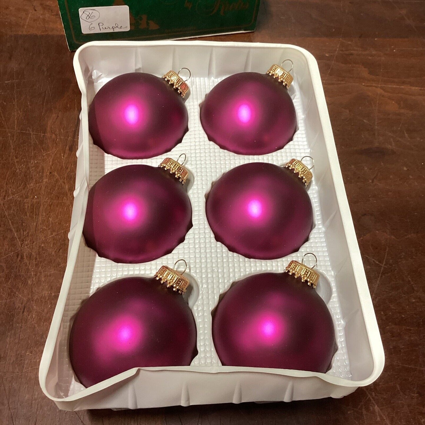 6 KREBS Christmas Glass BALL Ornaments SATIN Burgundy Red/Purple Wine 2.6" W/Box