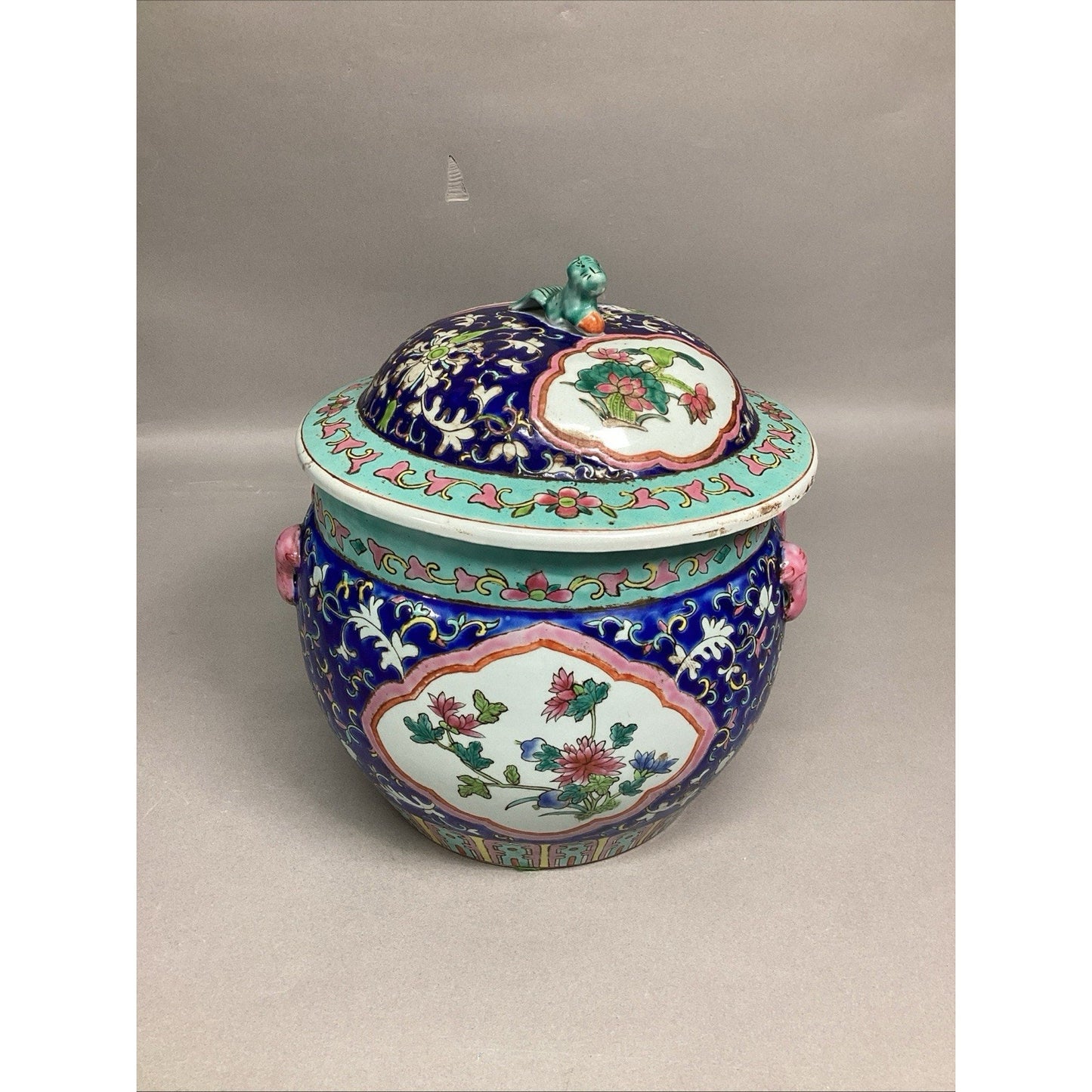 Chinese Lidded Jar (Kamcheng) Enameled Thick Porcelain W/ Peony Flowers - 9.5”H