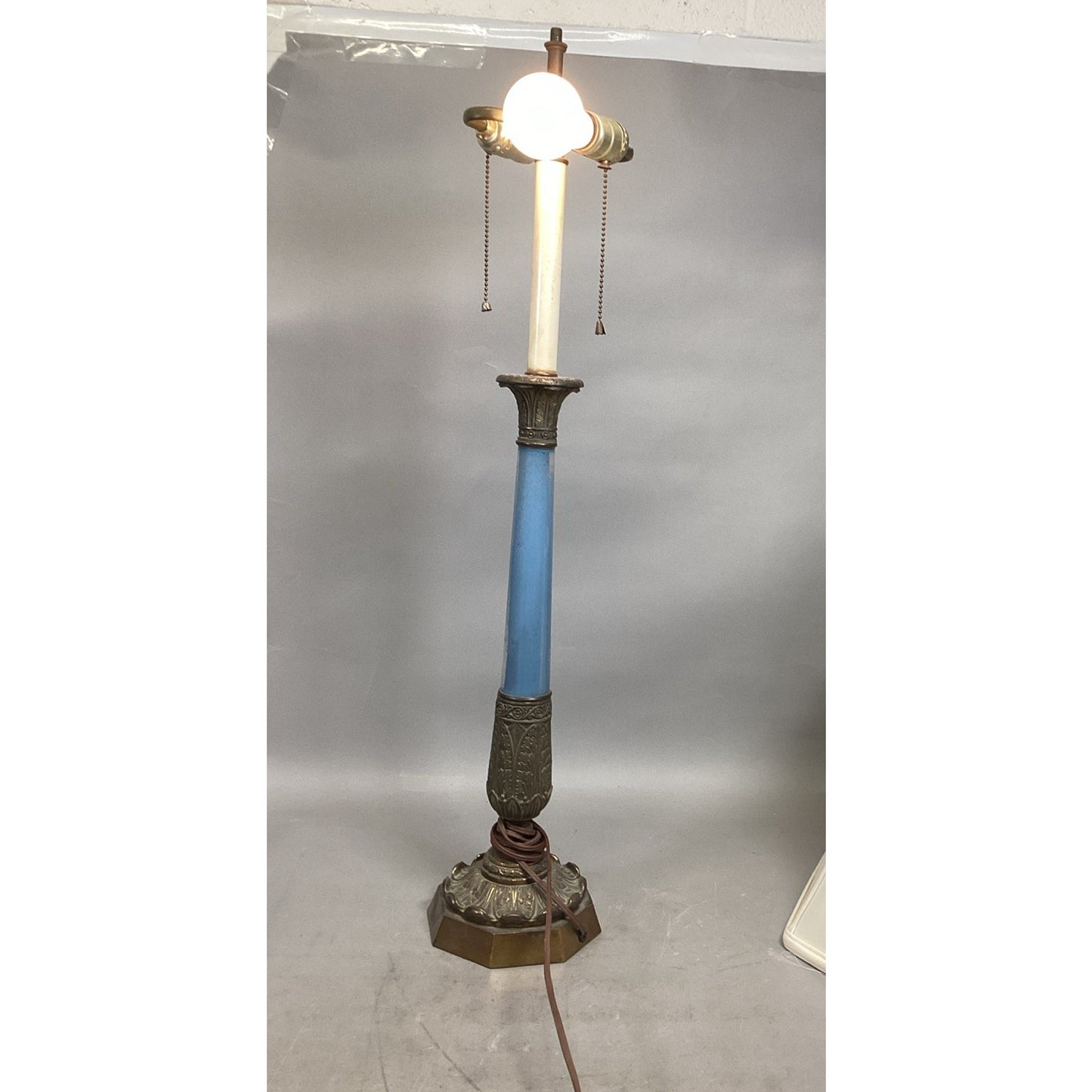 Vintage Mid Century Blue Glass & Bronze Table Lamp - 30”H