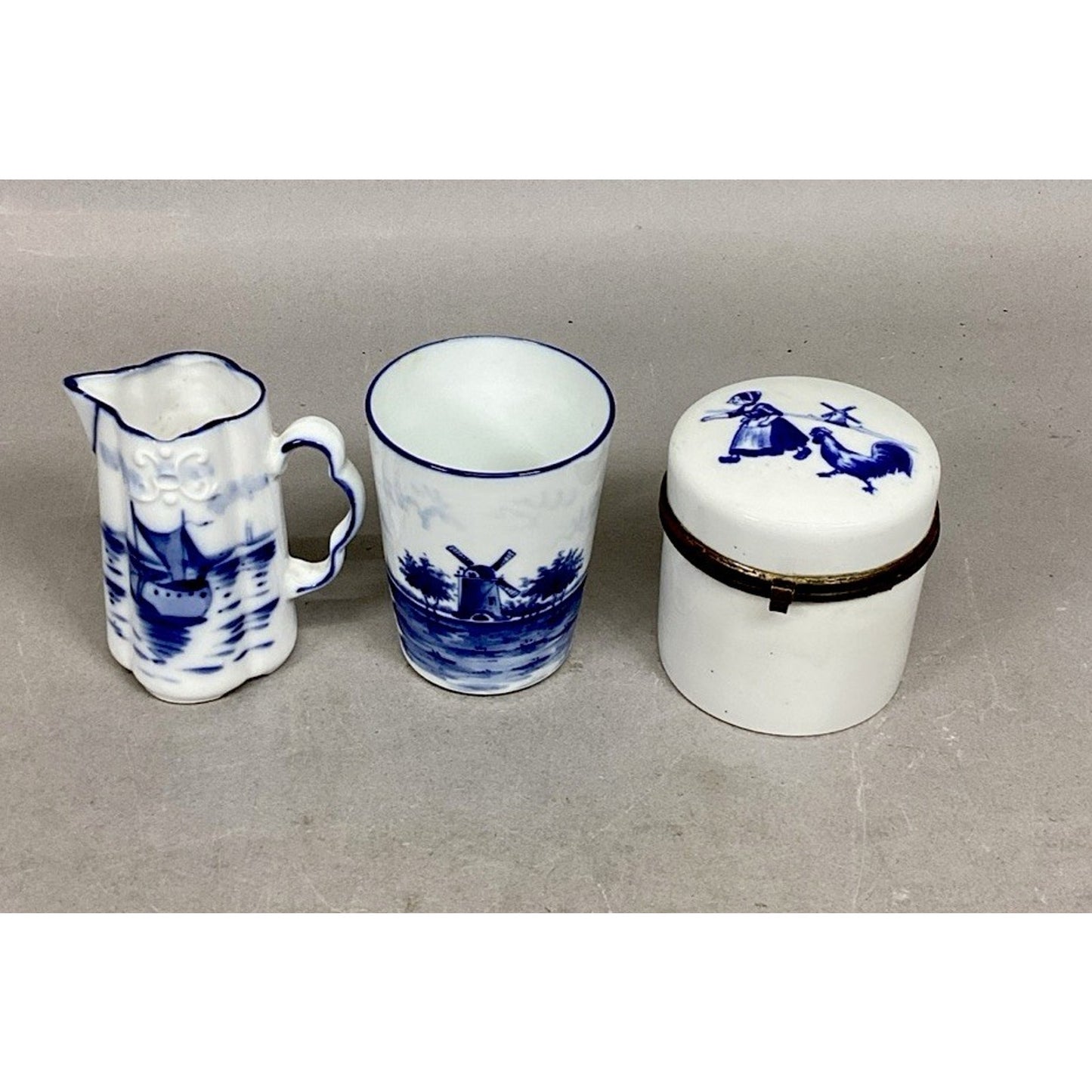 Antique Flow Blue Delft Style White Milk Jug Sailboat, Windmill Cup & Lidded Jar