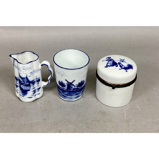 Antique Flow Blue Delft Style White Milk Jug Sailboat, Windmill Cup & Lidded Jar