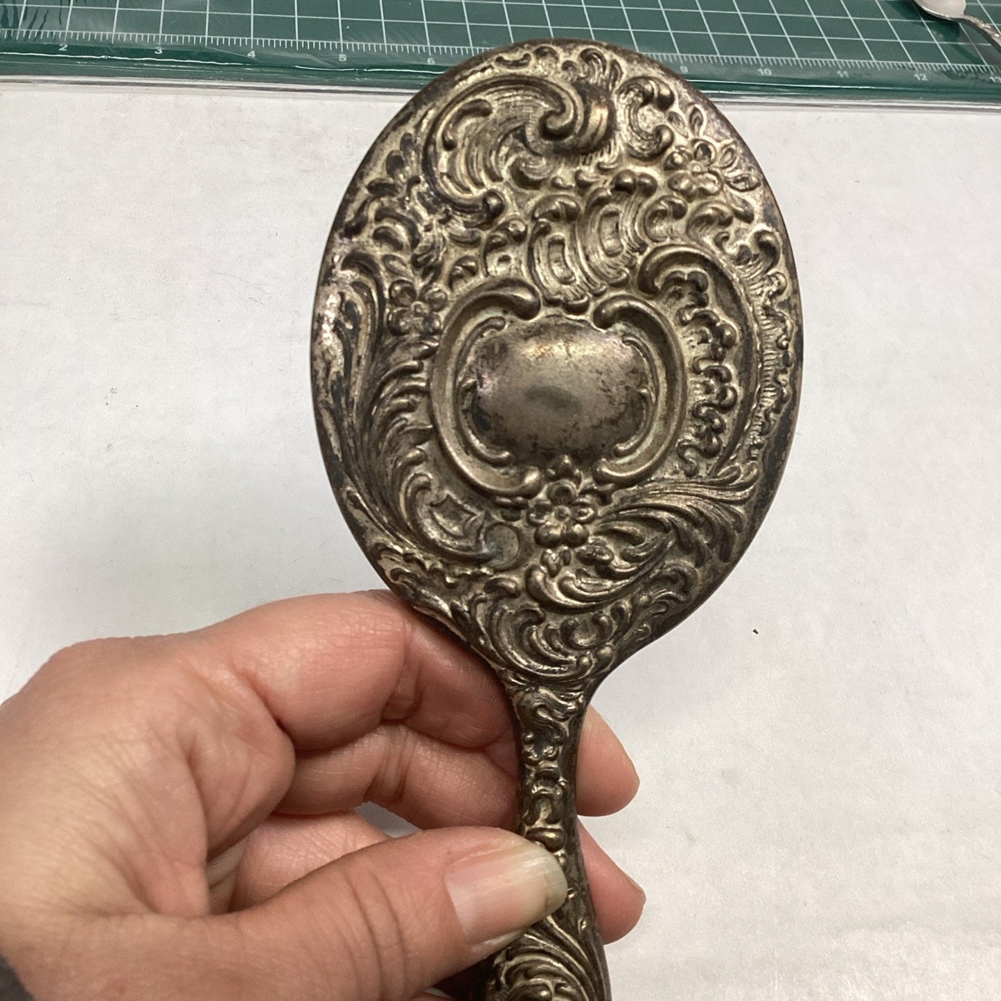 Antique Silver Plated Ornate Mirror - 6.5”L