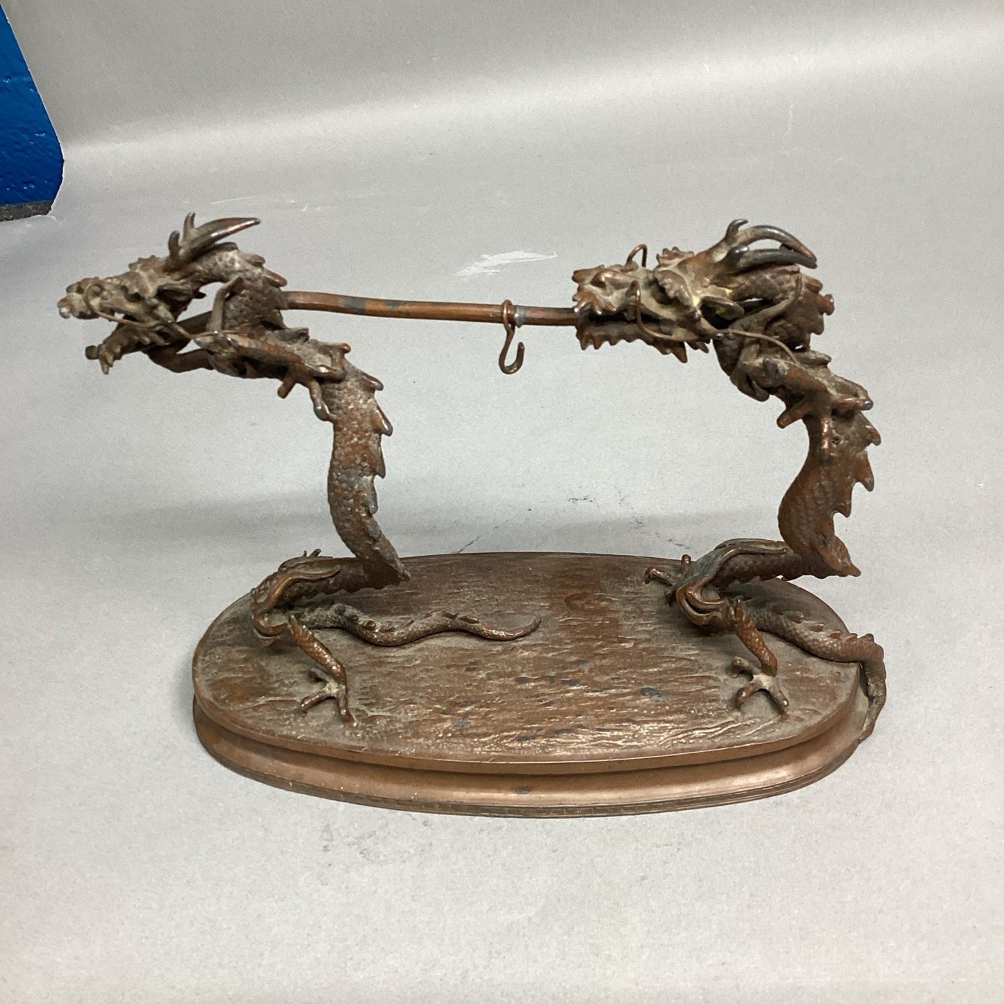 Vintage Chinese Bronze Dragons W/ Suspended Bell Statue Figurine - 8.5x3.5x7”
